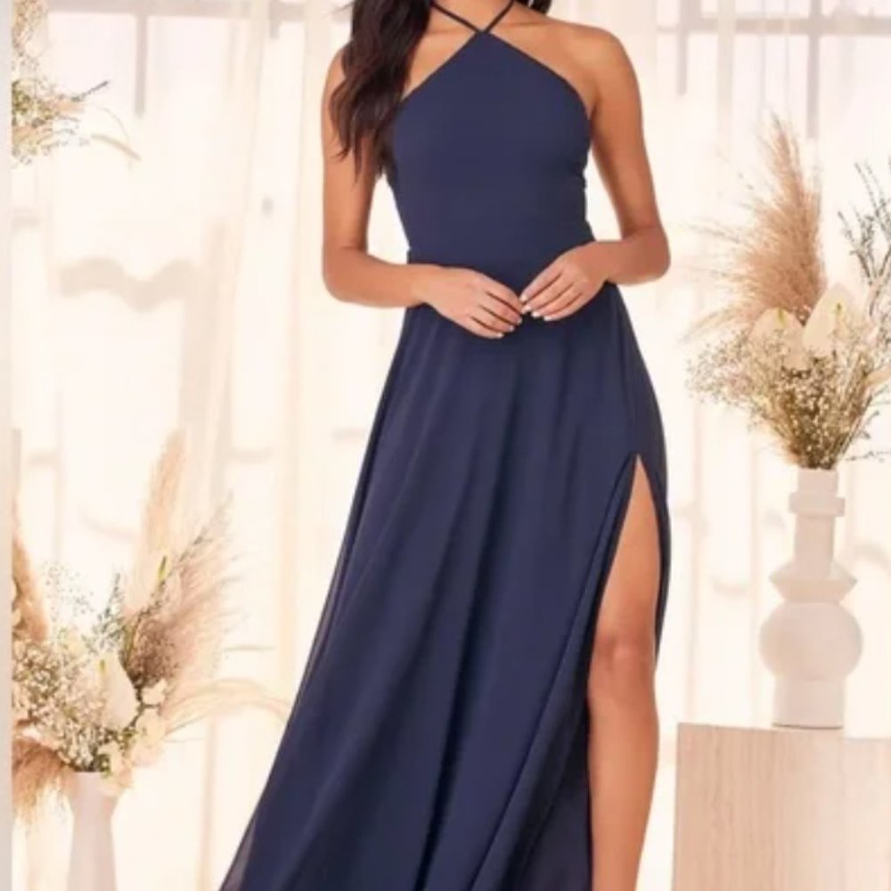 Lulu's NWT Magic in the Air Navy Blue Lace Up Maxi Dress MEDIUM